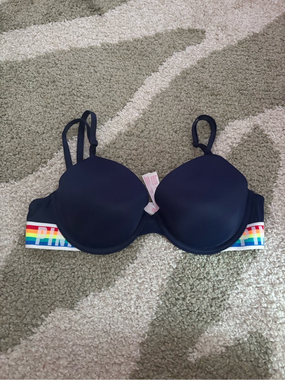 PINK Victoria's Secret Navy Blue Rainbow Wear Everywhere Lightly Lined Bra 36B - Picture 3 of 12